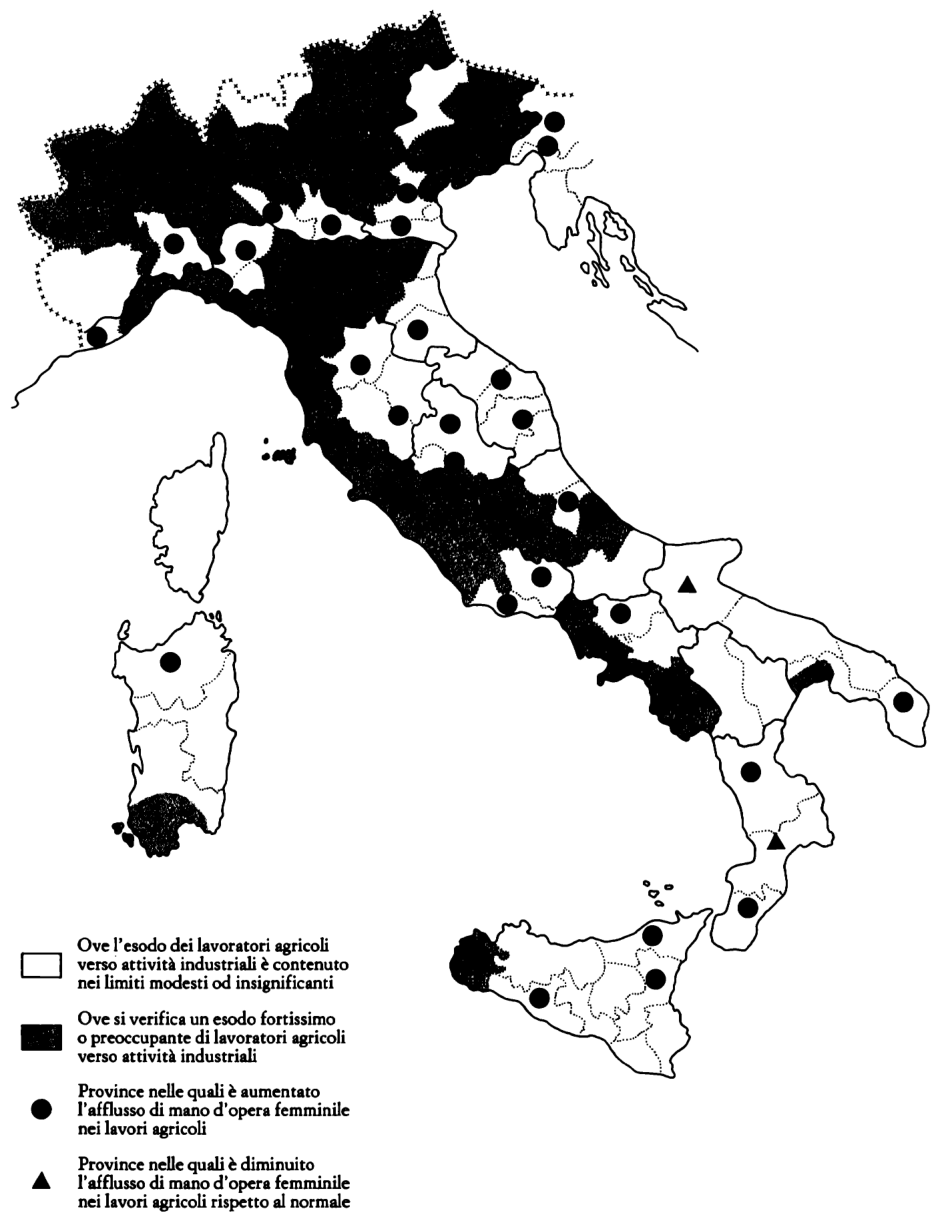 Esodo di lavoratori agricoli verso attività industriali e afflusso di mano d’opera femminile nei lavori agricoli.